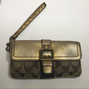 Coach Signature Print Tan & Gold Metallic Wristlet